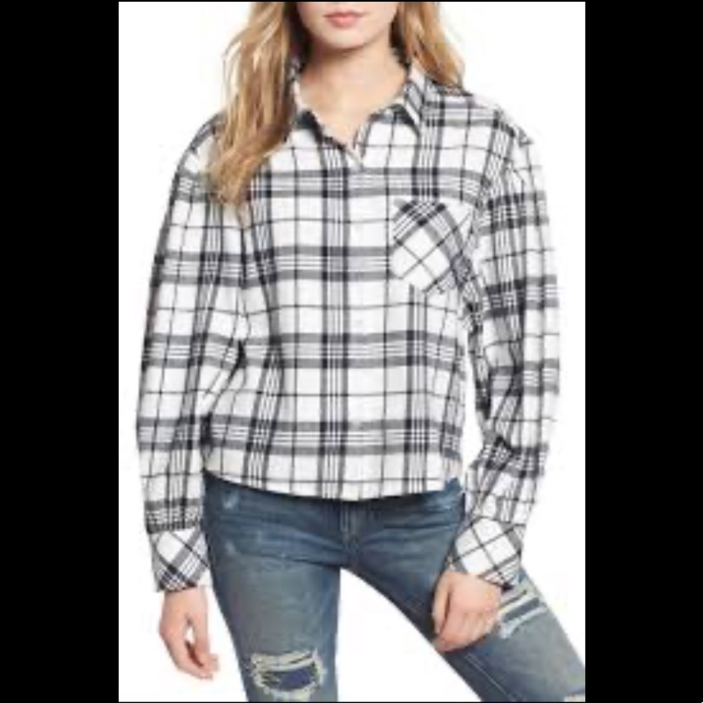 BP OversizedPuff Sleeve Plaid Top Navy & Ivory M